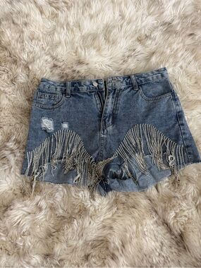 Windsor Silver Fringe Distressed Denim Shorts - Blue